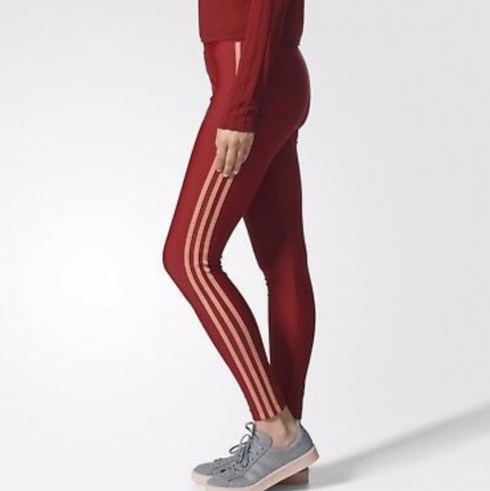 Silky Adidas Women's Burgundy Leggings with Pink Stripes
